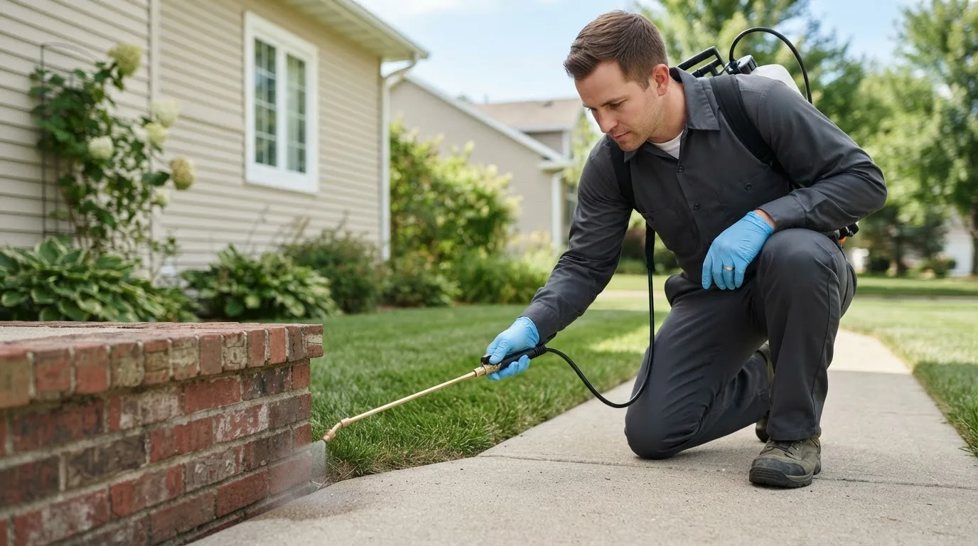 Pest control technician treating a home near Fountaintown, IN