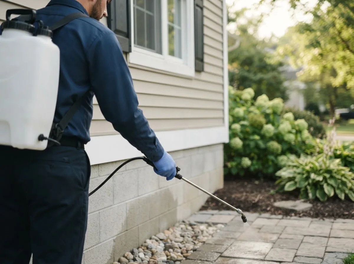 Pest control technician inspecting a home in Fountaintown, IN